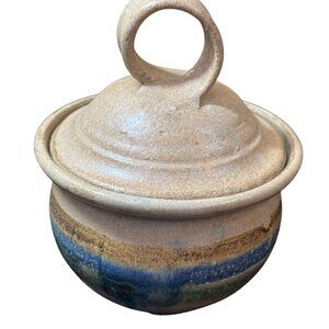 Vintage Handcrafted Ceramic Lidded Jar With Earthy Tones & Rustic Finish